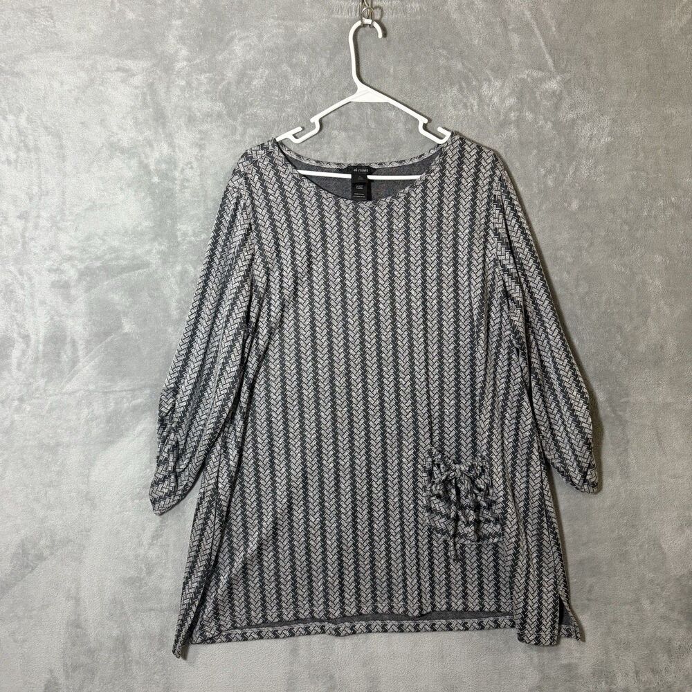 Ali Miles Tunic XL Herringbone Artsy Lagenlook 3/4 Ruched Sleeve Top Pocket Gray - Picture 2 of 10